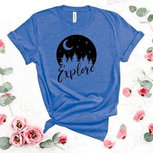 Explore Camping Night Sky Tee Shirt Heather Blue